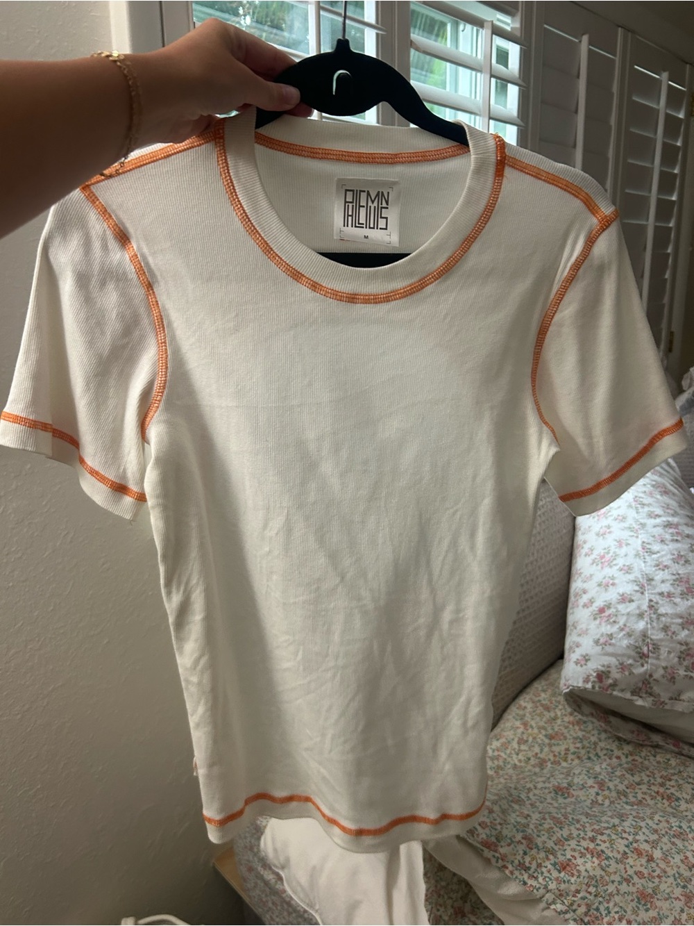 White Cut Out Back Tee with Orange Contrast Stitching